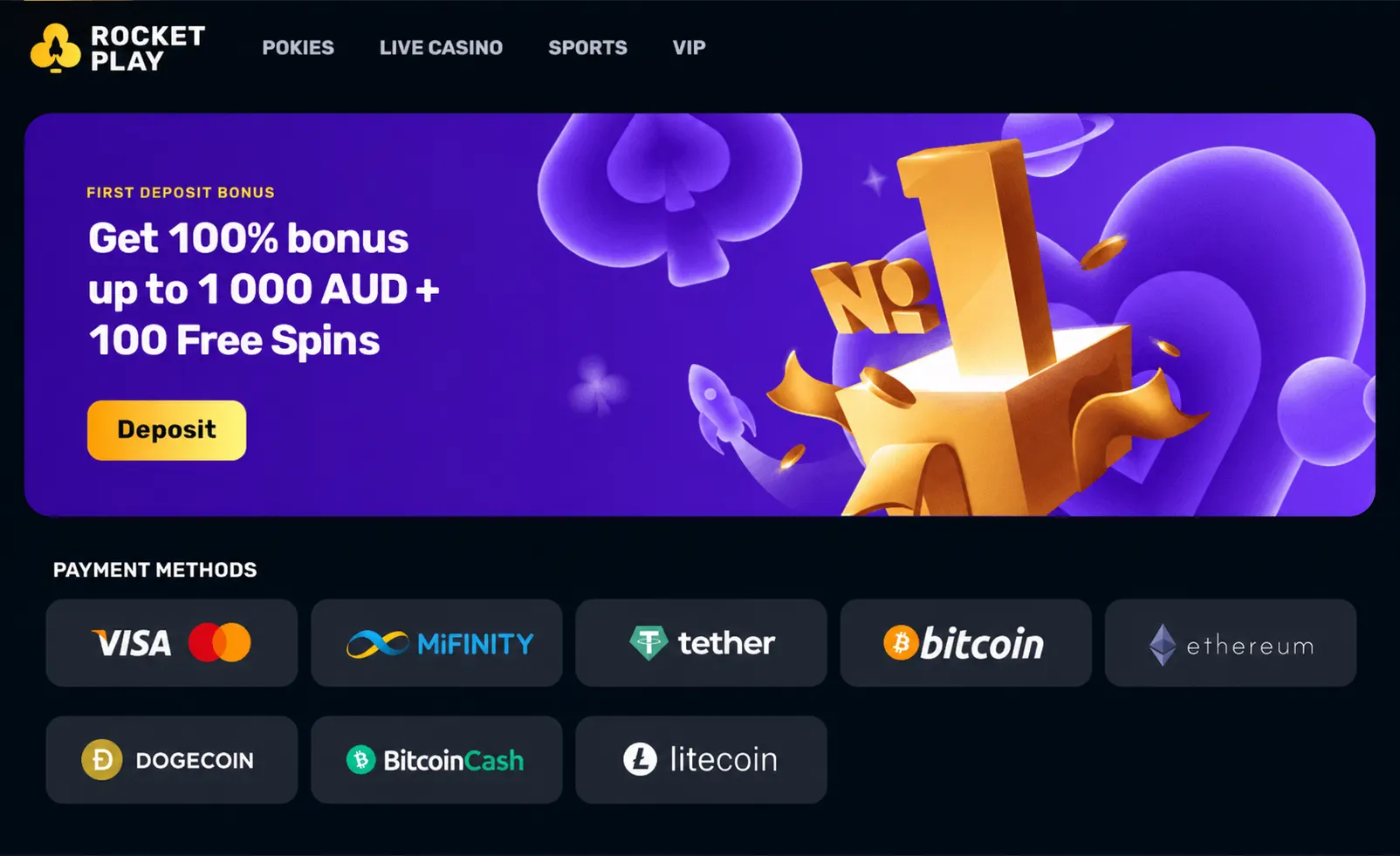 Deposit options with Bitcoin, Tether and Ethereum icons