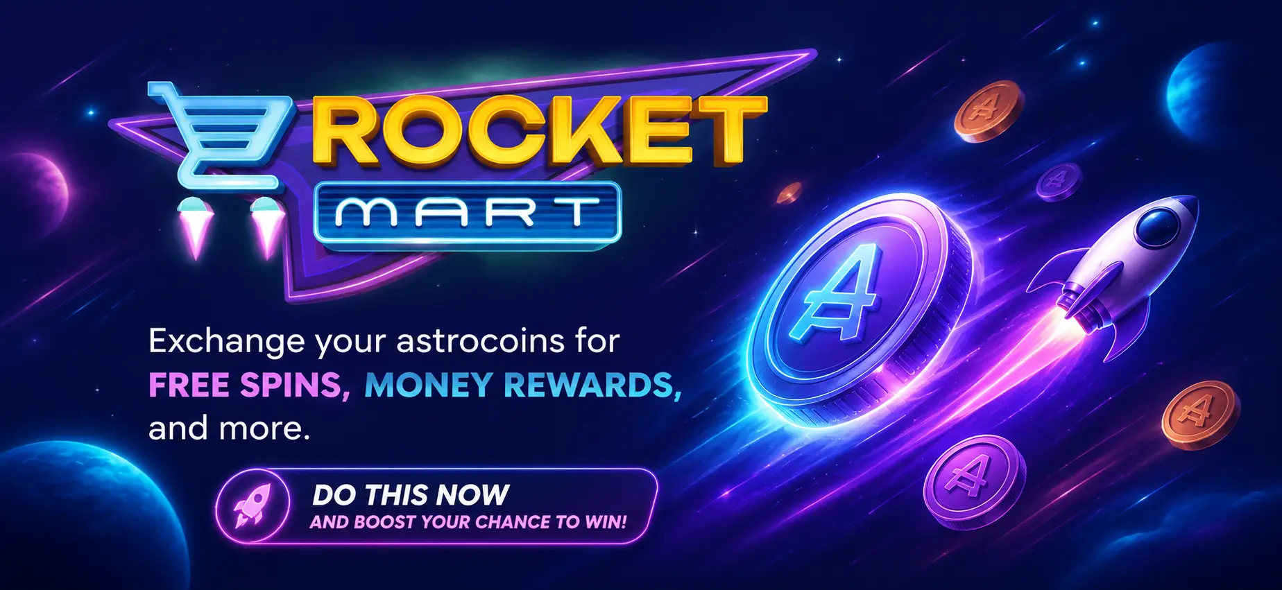 Rocket Mart loyalty shop with cosmic theme and coins