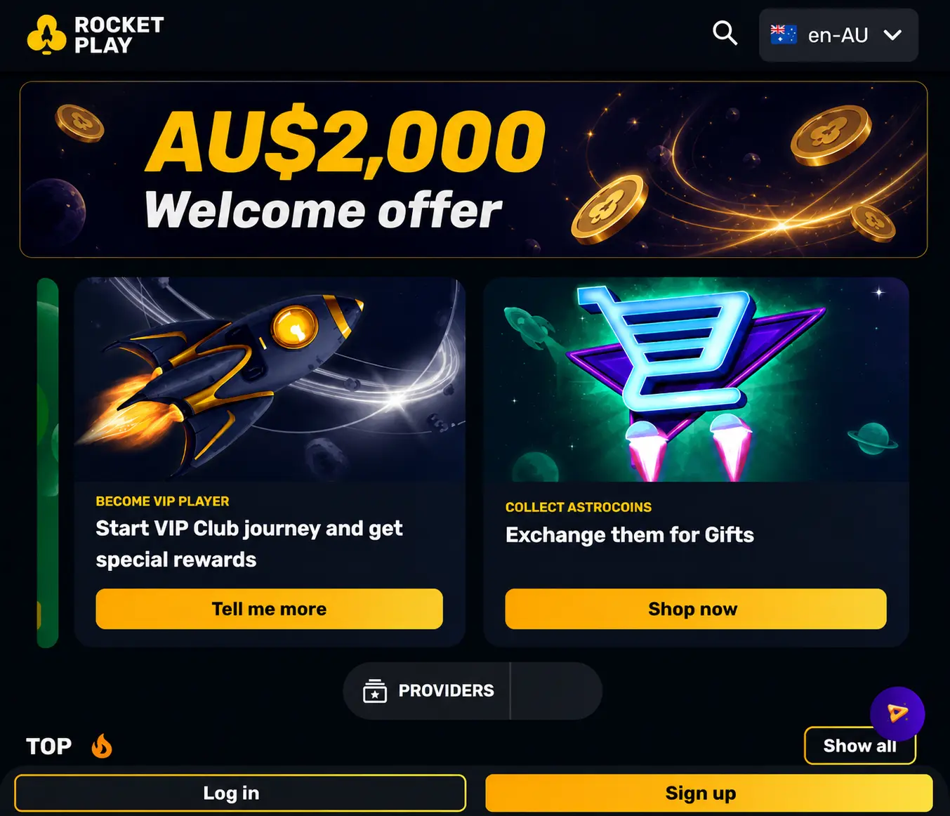 RocketPlay AU$2,000 welcome offer and VIP rewards